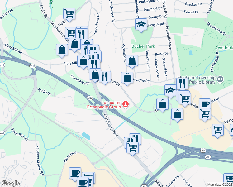 map of restaurants, bars, coffee shops, grocery stores, and more near 205 Granite Run Drive in Lancaster
