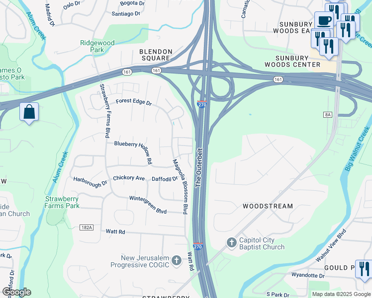 map of restaurants, bars, coffee shops, grocery stores, and more near 4152 Christy Bloom Drive in Columbus