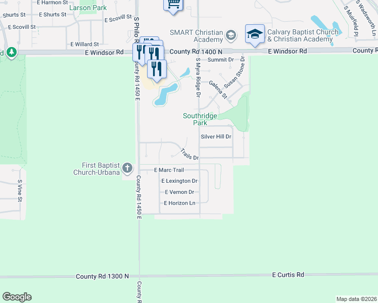 map of restaurants, bars, coffee shops, grocery stores, and more near 1702 Trails Drive in Urbana