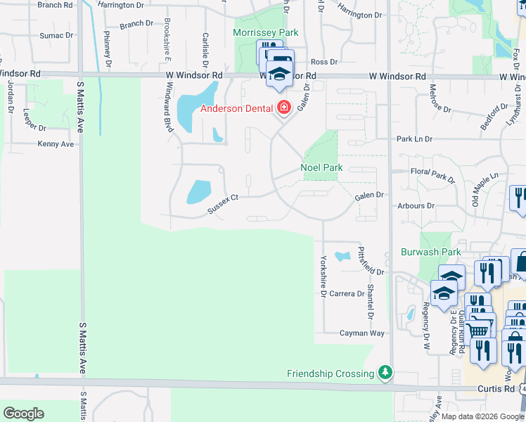 map of restaurants, bars, coffee shops, grocery stores, and more near 1206 Wilshire Court in Champaign