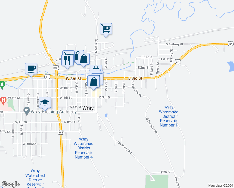 map of restaurants, bars, coffee shops, grocery stores, and more near 424 Birch Street in Wray