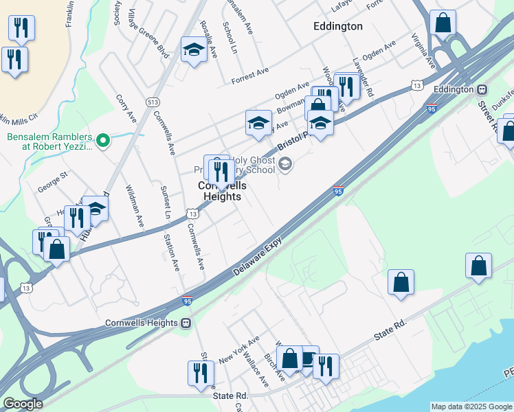 map of restaurants, bars, coffee shops, grocery stores, and more near 920 Clovernook Avenue in Bensalem