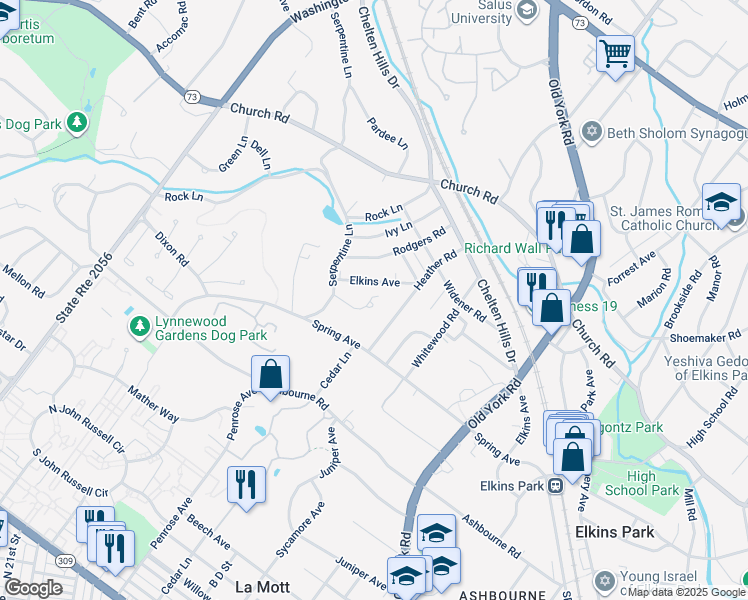 map of restaurants, bars, coffee shops, grocery stores, and more near 806 Hilton Lane in Elkins Park