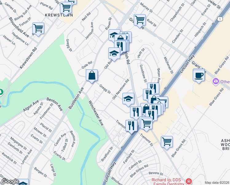 map of restaurants, bars, coffee shops, grocery stores, and more near 9200 Old Newtown Rd in Philadelphia