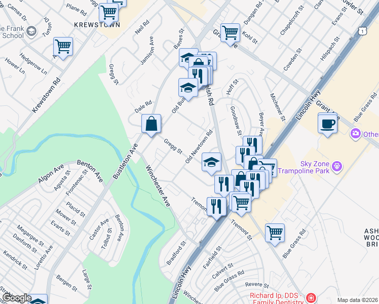 map of restaurants, bars, coffee shops, grocery stores, and more near 9200 Old Newtown Road in Philadelphia