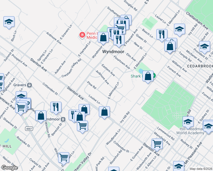 map of restaurants, bars, coffee shops, grocery stores, and more near 7808 Ardmore Avenue in Wyndmoor