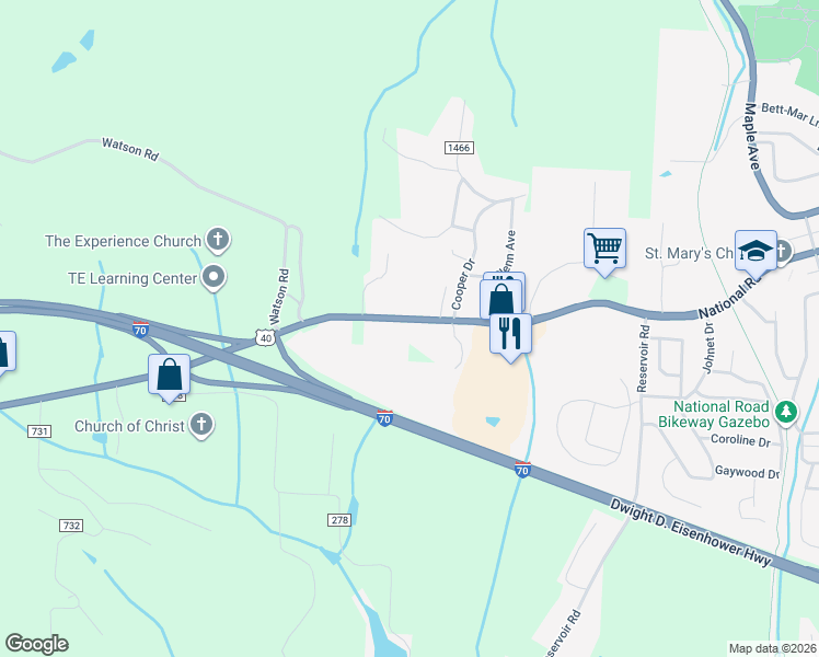 map of restaurants, bars, coffee shops, grocery stores, and more near 48258 National Road West in Saint Clairsville