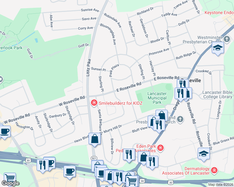 map of restaurants, bars, coffee shops, grocery stores, and more near 1872 Beverly Drive in Lancaster