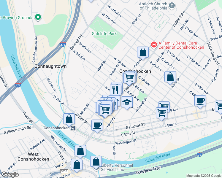 map of restaurants, bars, coffee shops, grocery stores, and more near 122 West 4th Avenue in Conshohocken