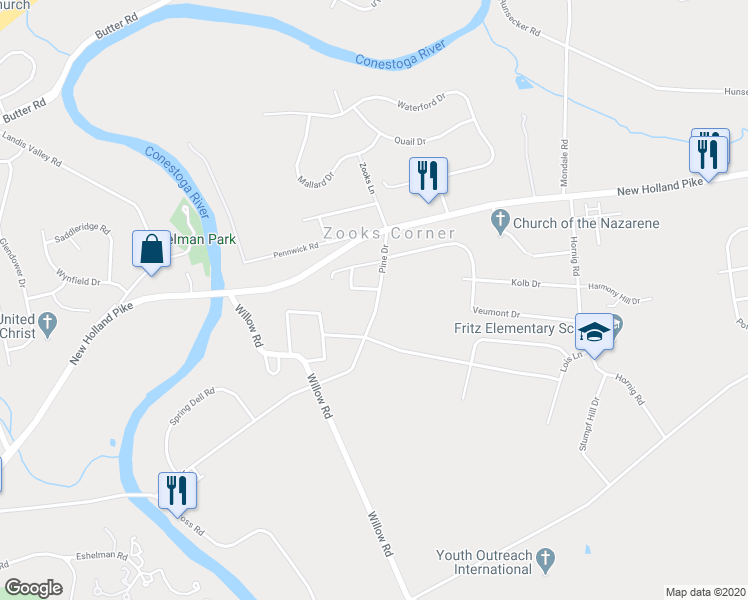 map of restaurants, bars, coffee shops, grocery stores, and more near 2053 Pine Drive in Lancaster