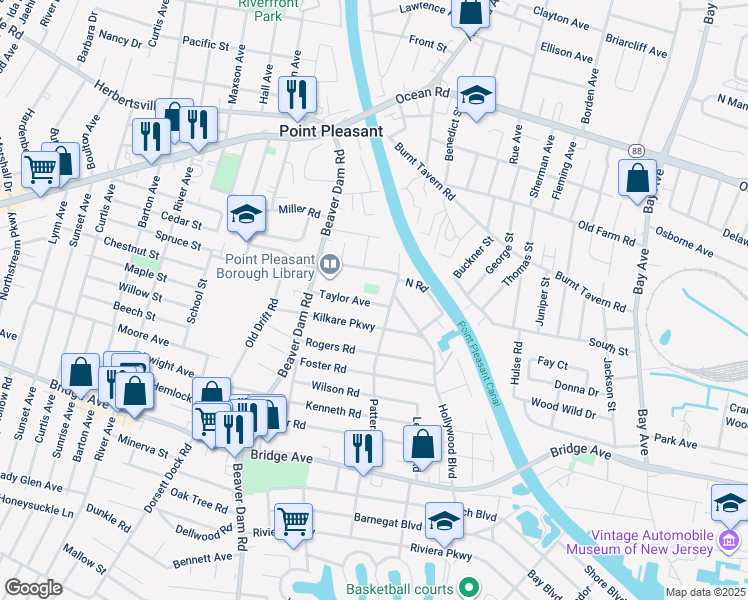 map of restaurants, bars, coffee shops, grocery stores, and more near 2205 Taylor Avenue in Point Pleasant