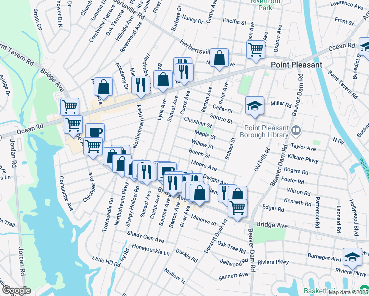 map of restaurants, bars, coffee shops, grocery stores, and more near 1108 Barton Avenue in Point Pleasant