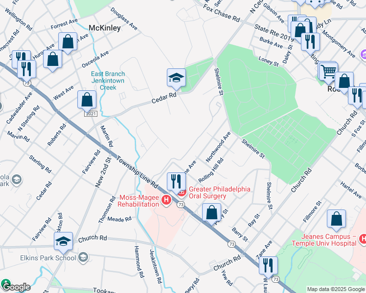 map of restaurants, bars, coffee shops, grocery stores, and more near 1103 Valley Glen Road in Elkins Park