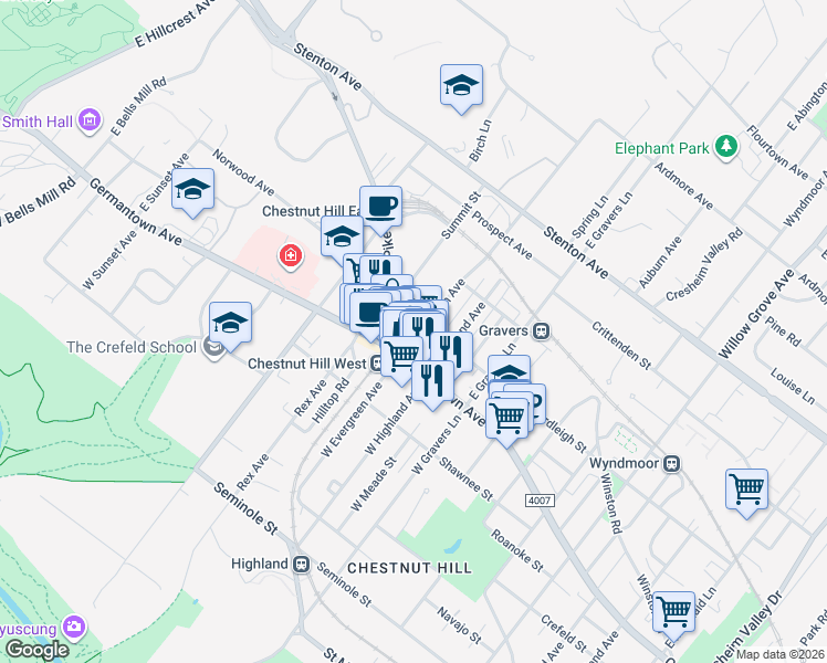 map of restaurants, bars, coffee shops, grocery stores, and more near 183 East Evergreen Avenue in Philadelphia