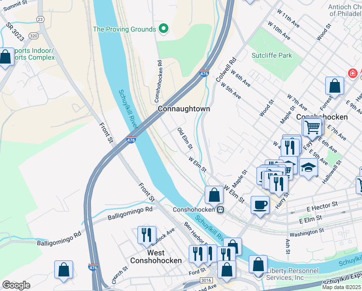 map of restaurants, bars, coffee shops, grocery stores, and more near West Elm Street in Conshohocken