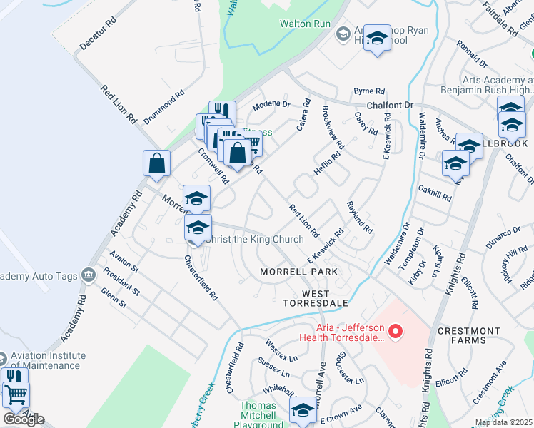 map of restaurants, bars, coffee shops, grocery stores, and more near 3326 Elliston Circle in Philadelphia