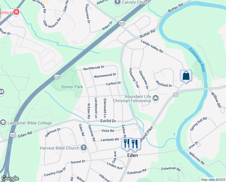map of restaurants, bars, coffee shops, grocery stores, and more near 1901 Northbrook Drive in Lancaster