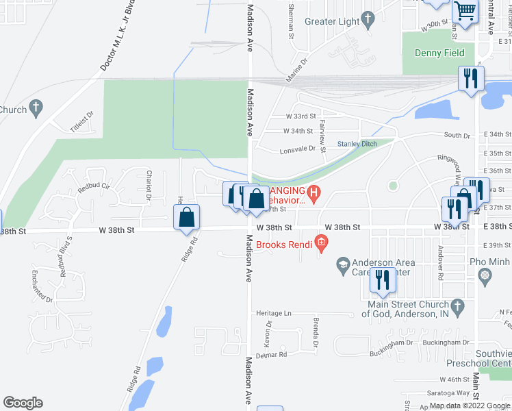 map of restaurants, bars, coffee shops, grocery stores, and more near 920 West 37th Street in Anderson