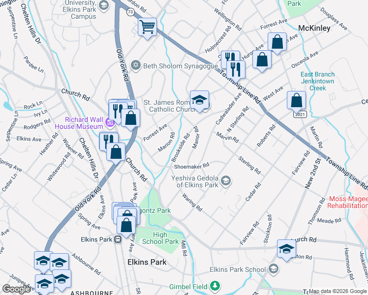 map of restaurants, bars, coffee shops, grocery stores, and more near 8216 Manor Road in Elkins Park