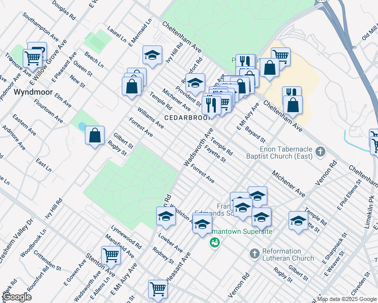 map of restaurants, bars, coffee shops, grocery stores, and more near 8410 Williams Avenue in Philadelphia