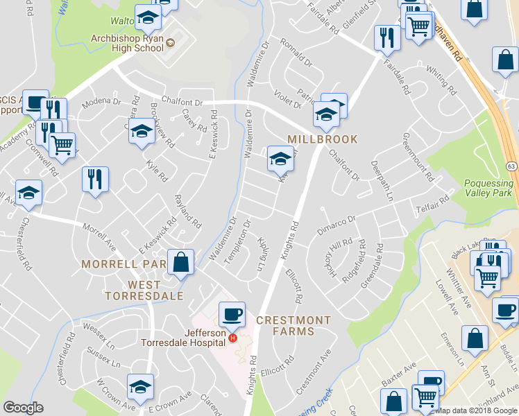 map of restaurants, bars, coffee shops, grocery stores, and more near 3810 Dorchester Road in Philadelphia