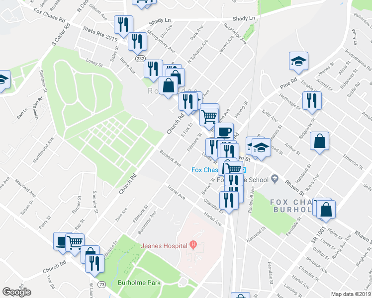 map of restaurants, bars, coffee shops, grocery stores, and more near 7936 Fillmore Street in Rockledge