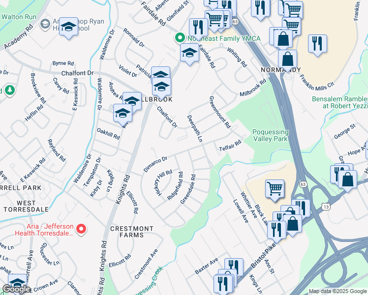 map of restaurants, bars, coffee shops, grocery stores, and more near 252 Dimarco Drive in Philadelphia
