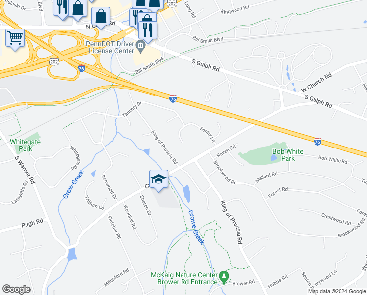 map of restaurants, bars, coffee shops, grocery stores, and more near 364 Sentry Lane in Wayne