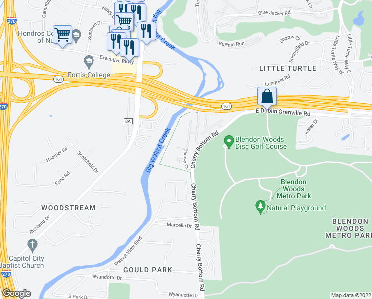 map of restaurants, bars, coffee shops, grocery stores, and more near Clancy Ct & Ruff Ct in Columbus