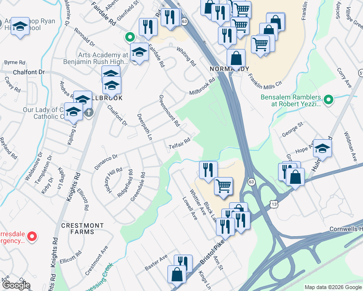 map of restaurants, bars, coffee shops, grocery stores, and more near 11725-37 Telfair Road in Philadelphia