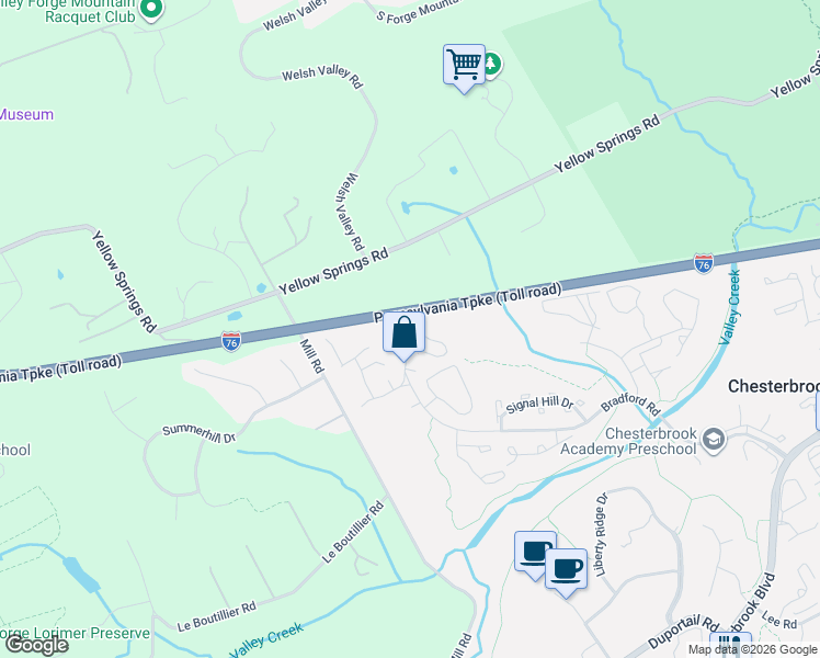 map of restaurants, bars, coffee shops, grocery stores, and more near 13 Sturbridge Lane in Chesterbrook