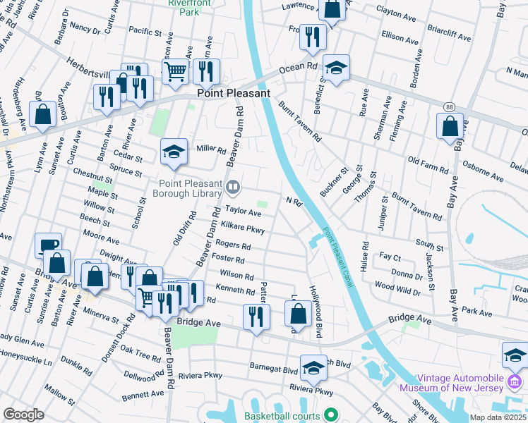 map of restaurants, bars, coffee shops, grocery stores, and more near 2205 Taylor Avenue in Point Pleasant
