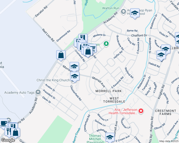 map of restaurants, bars, coffee shops, grocery stores, and more near 10116 West Keswick Road in Philadelphia