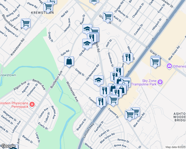 map of restaurants, bars, coffee shops, grocery stores, and more near 9215 Old Newtown Road in Philadelphia