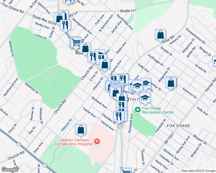 map of restaurants, bars, coffee shops, grocery stores, and more near 7953 Burholme Avenue in Philadelphia