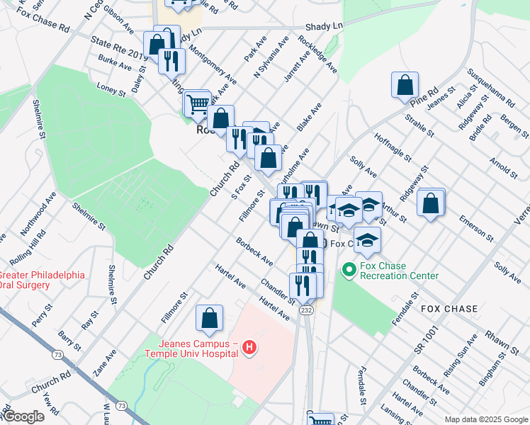 map of restaurants, bars, coffee shops, grocery stores, and more near 7950 Burholme Avenue in Philadelphia