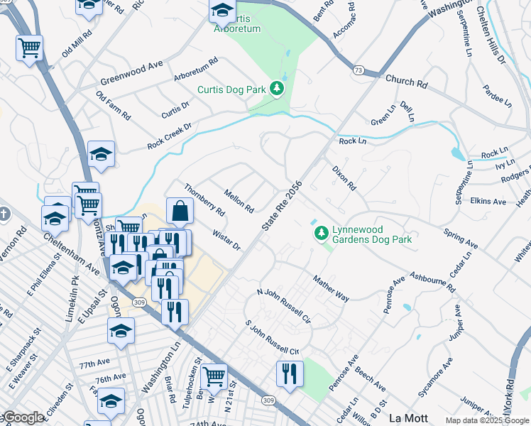 map of restaurants, bars, coffee shops, grocery stores, and more near 7749 Mellon Road in Wyncote