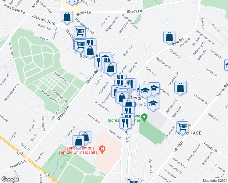 map of restaurants, bars, coffee shops, grocery stores, and more near 7953 Burholme Avenue in Philadelphia