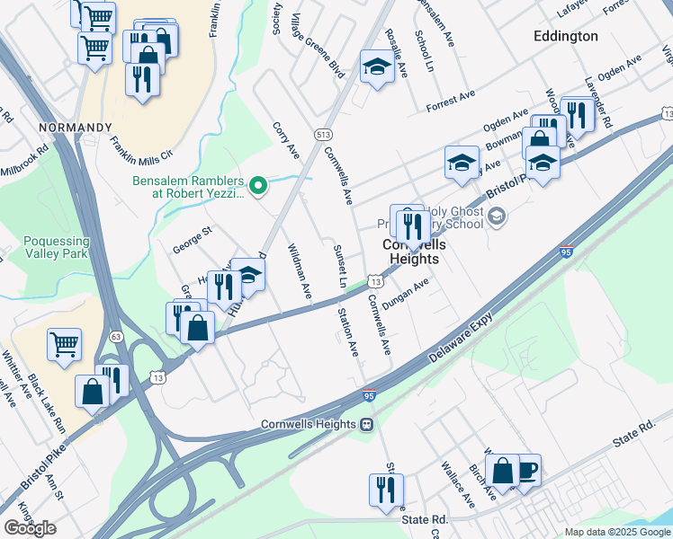 map of restaurants, bars, coffee shops, grocery stores, and more near 1048 Sunset Lane in Cornwells Heights