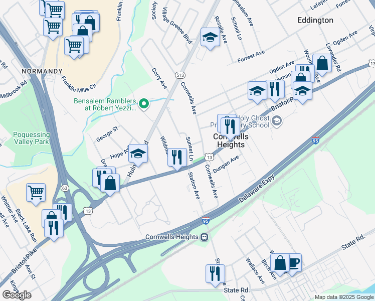 map of restaurants, bars, coffee shops, grocery stores, and more near 1048 Sunset Lane in Cornwells Heights