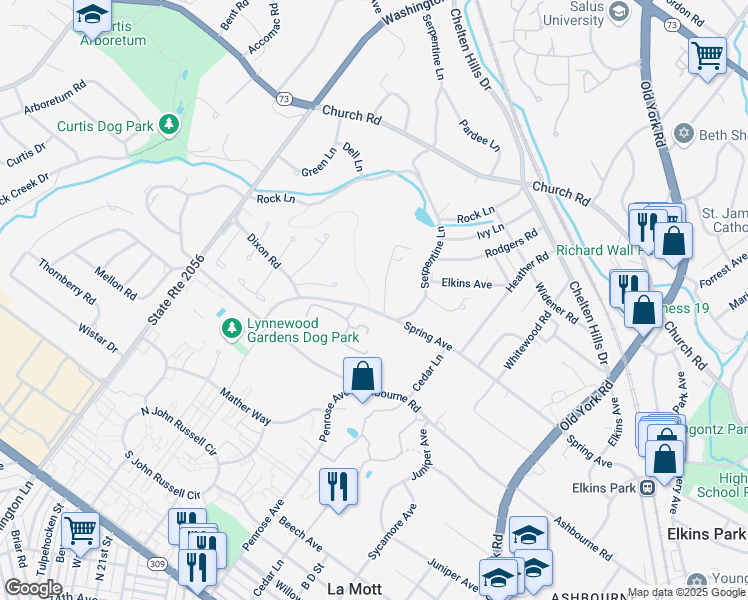 map of restaurants, bars, coffee shops, grocery stores, and more near 915 Spring Avenue in Elkins Park