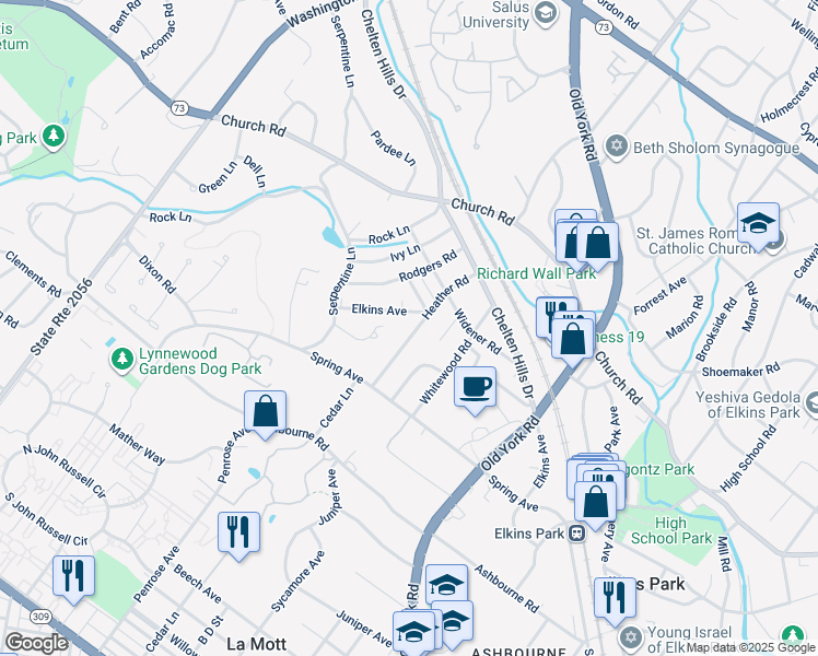 map of restaurants, bars, coffee shops, grocery stores, and more near 7926 Heather Rd in Elkins Park