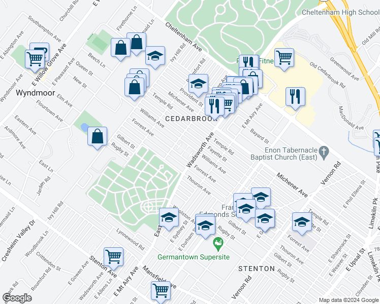 map of restaurants, bars, coffee shops, grocery stores, and more near 8414 Williams Avenue in Philadelphia