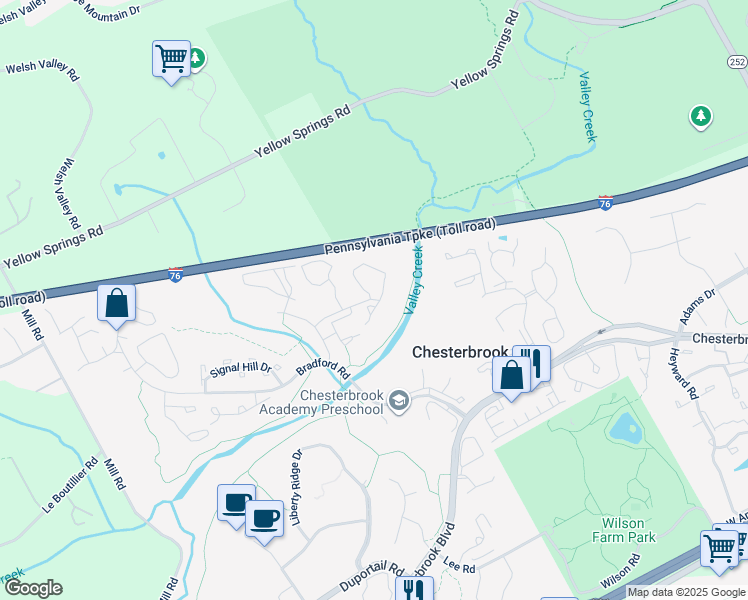 map of restaurants, bars, coffee shops, grocery stores, and more near 125 Valley Stream Lane in Chesterbrook