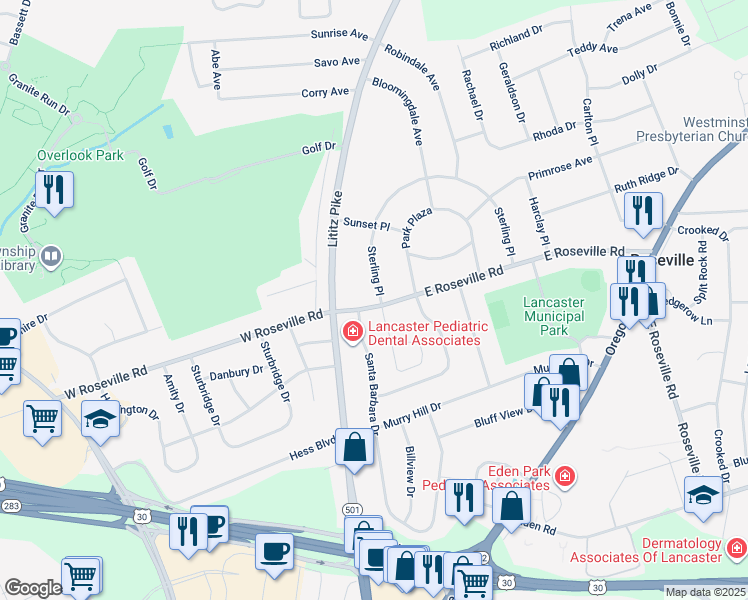 map of restaurants, bars, coffee shops, grocery stores, and more near 29 East Roseville Road in Lancaster
