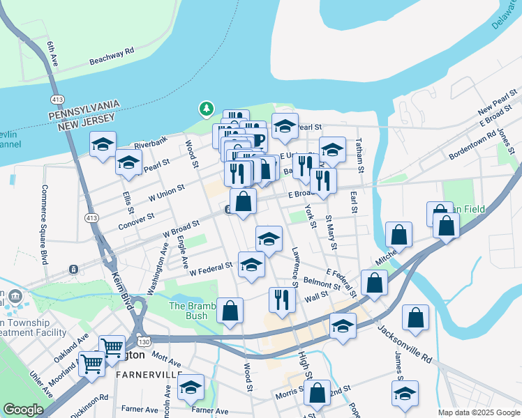 map of restaurants, bars, coffee shops, grocery stores, and more near 411 High Street in Burlington