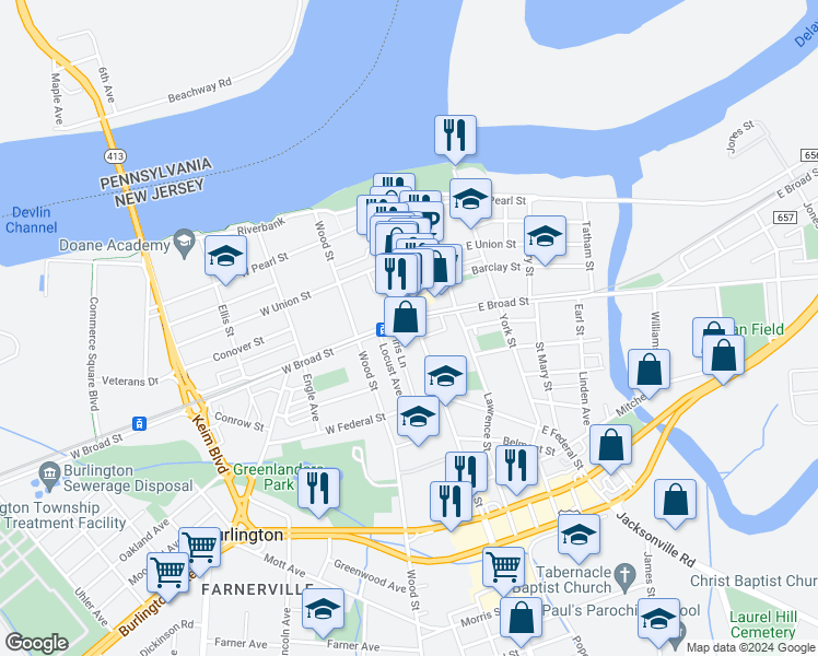 map of restaurants, bars, coffee shops, grocery stores, and more near 24 West Broad Street in Burlington