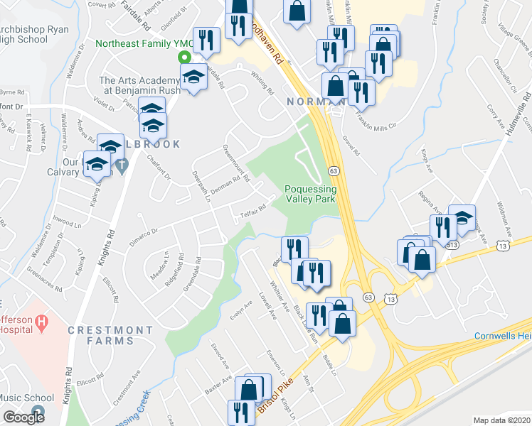 map of restaurants, bars, coffee shops, grocery stores, and more near 11725-37 Telfair Road in Philadelphia