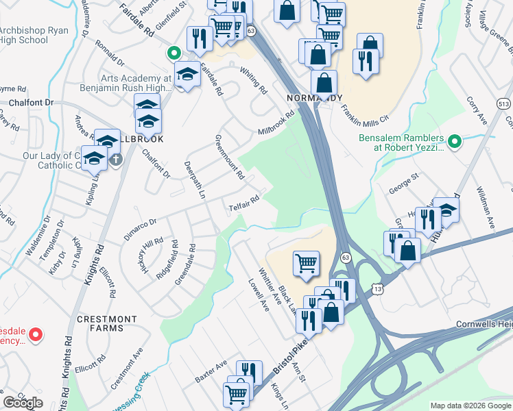 map of restaurants, bars, coffee shops, grocery stores, and more near 11725-37 Telfair Road in Philadelphia