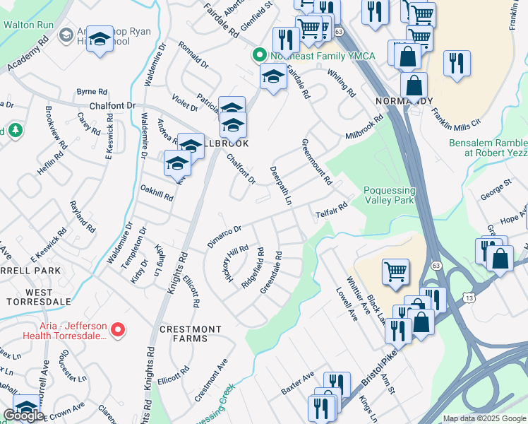 map of restaurants, bars, coffee shops, grocery stores, and more near 252 Dimarco Drive in Philadelphia
